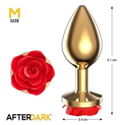 Size M - Golden Metal Anal Plug with Red Rose Base