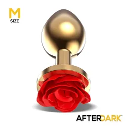 Size M - Golden Metal Anal Plug with Red Rose Base