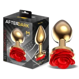 Size M - Golden Metal Anal Plug with Red Rose Base