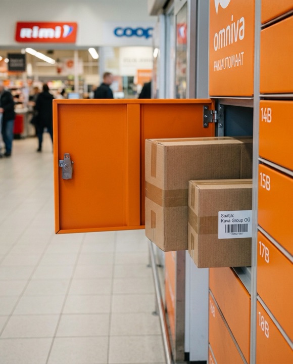 Neutraalne pruun pakk pakiautomaadi ees